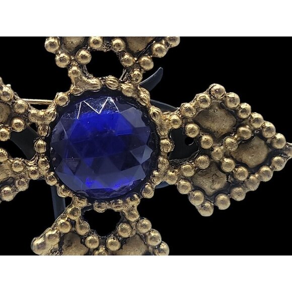 Four Point Dotted Cross Brooch Blue Fauceted Large Rhinestones Gold Tone - Picture 13 of 13